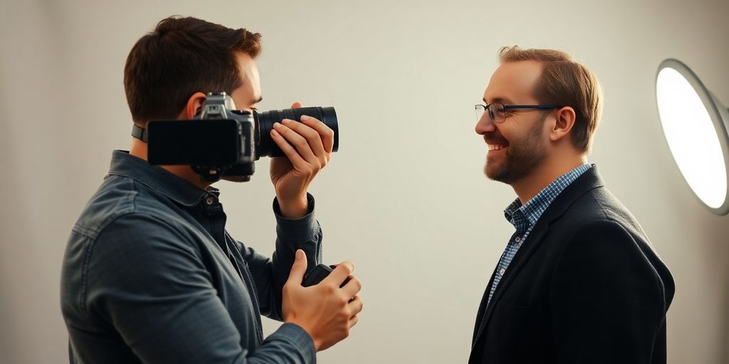 Photographer adjusting camera, client smiling.